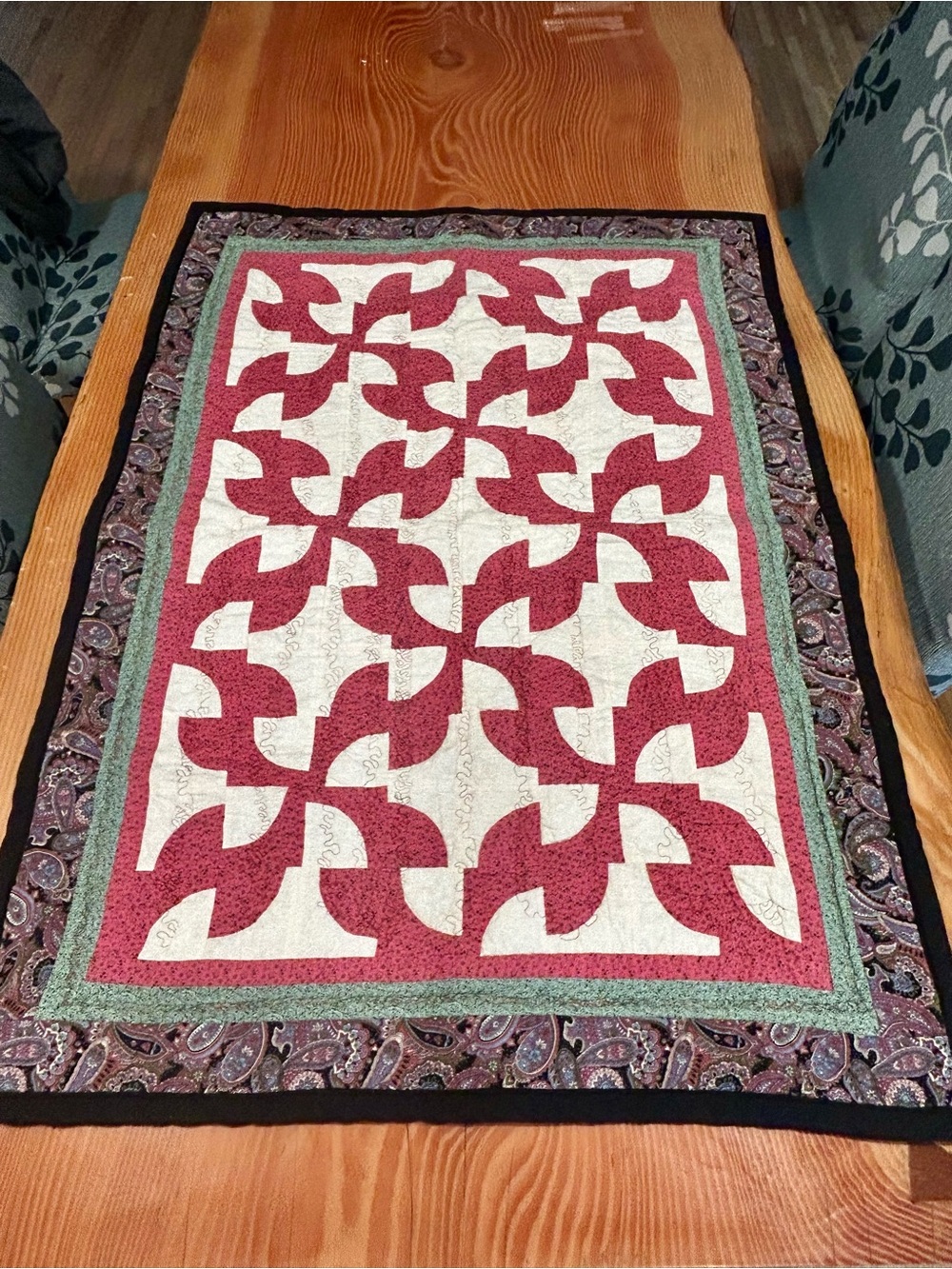 Dark Pink and Cream Patchwork Lap Quilt/Throw - “Drunkard’s Path” design
